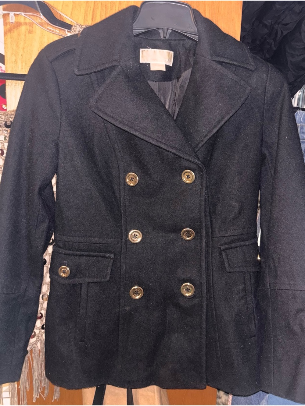 Michael Kors Women's Double-Breasted Black Peacoat Jacket, Gold Buttons